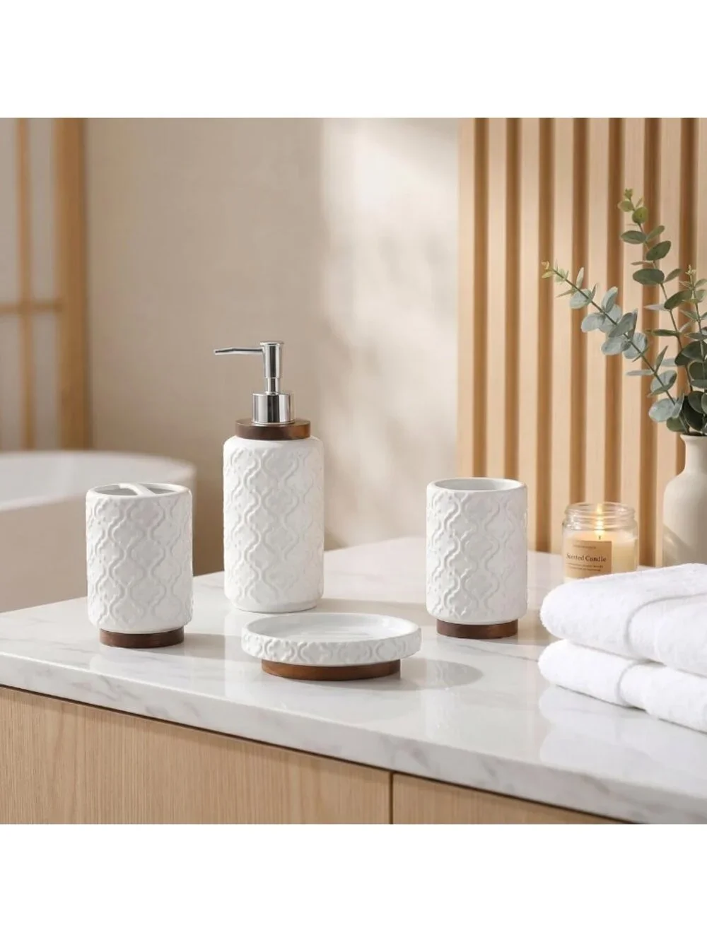 Elegant 4-Piece White Ceramic Bathroom Accessory Set with Wood Accents, Decor